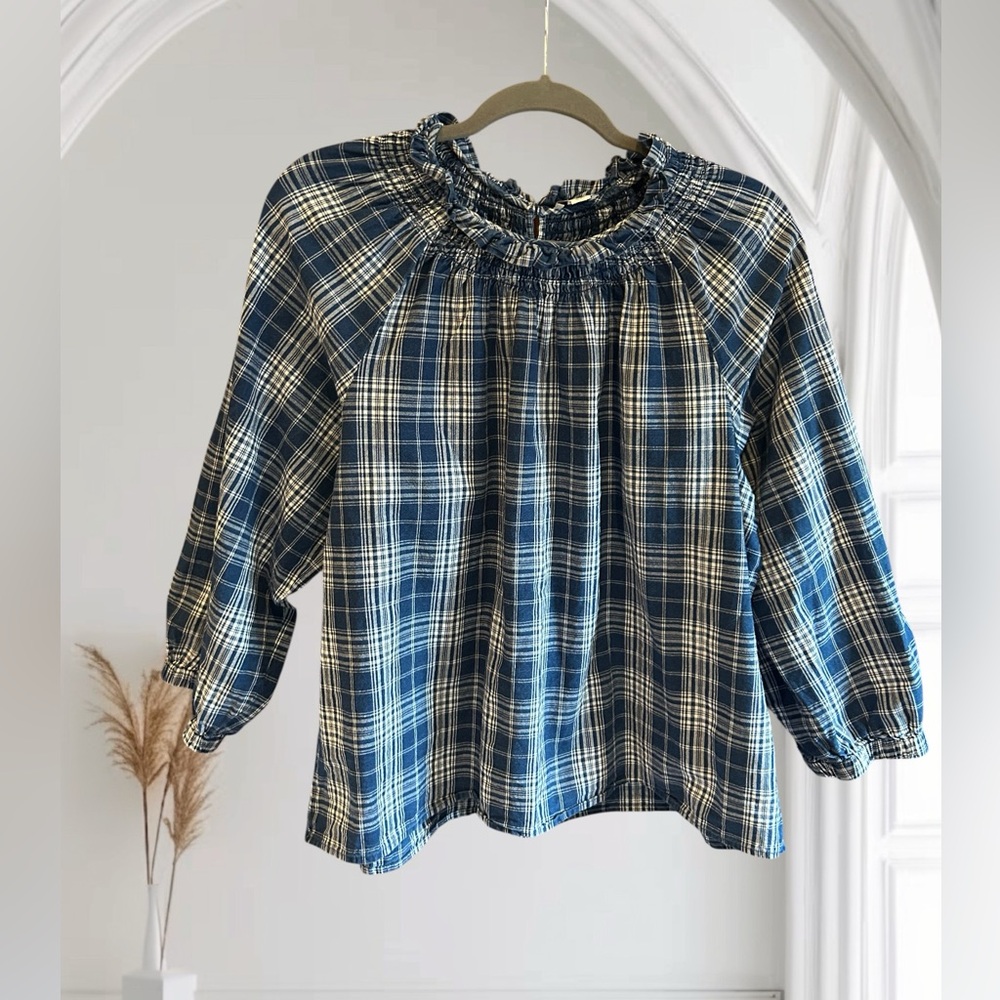 J CREW Reimagined Blue Plaid Smocked Neck Ruffle Peasant Top‎ 2X